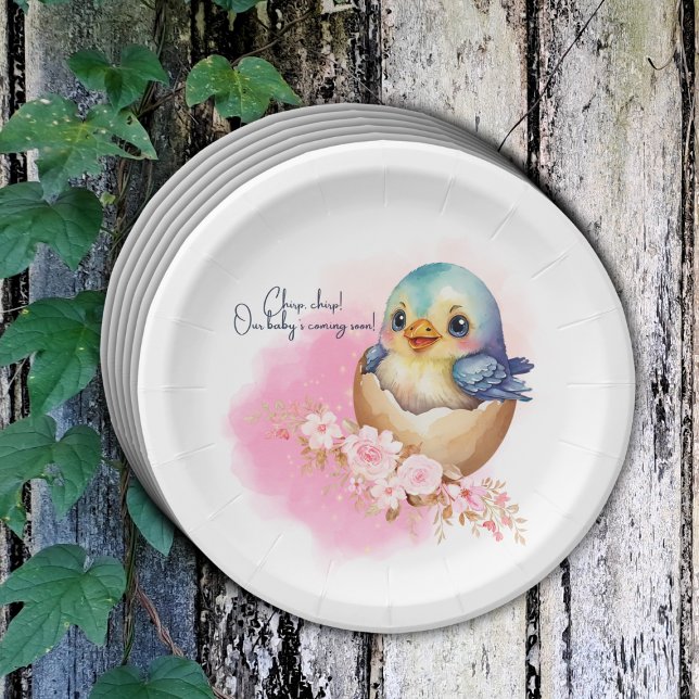 Cute Kawaii Egg Bird Elegant Floral Baby Shower Paper Plate (Creator Uploaded)