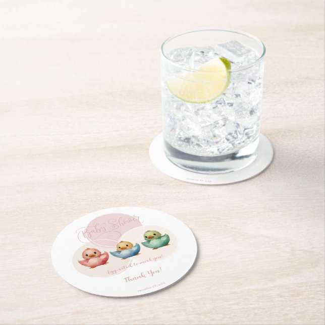 Cute Kawaii Egg Birds Pastel Coloured Baby Shower  Round Paper Coaster (Insitu)