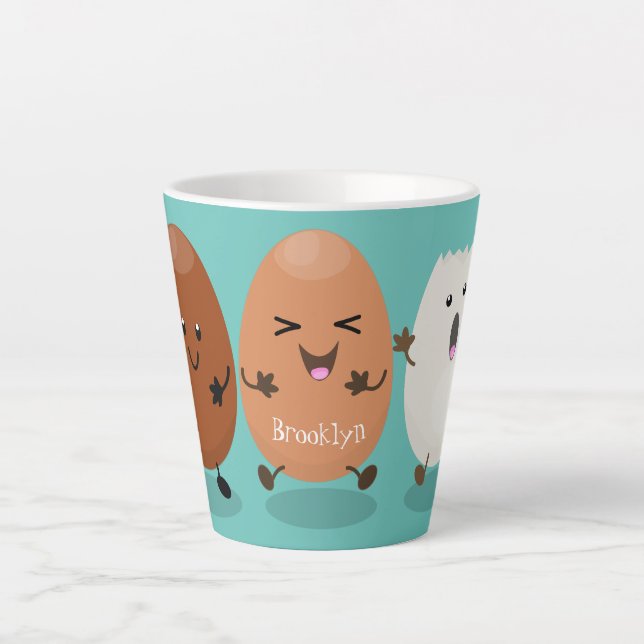 Cute kawaii eggs funny cartoon illustration latte mug (Front)
