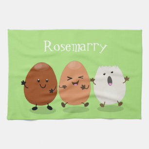Cute kawaii eggs funny cartoon illustration tea towel