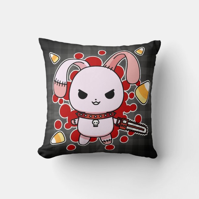 Cute Kawaii evil bunny with chainsaw Cushion (Front)
