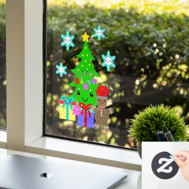 Cute Kawaii Face Christmas Tree Scene 8x11 or up   Window Cling (Office)