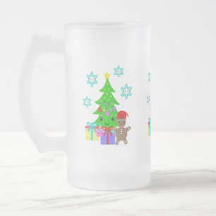 Cute Kawaii Face Christmas Tree Scene, ZSG Frosted Glass Beer Mug