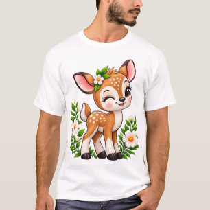 Cute Kawaii Fawn Floral Embroidery Style T-Shirt