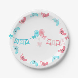 Cute Kawaii Feet Pink Blue Gender Reveal Party Paper Plate