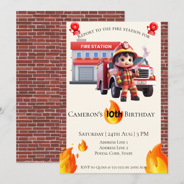 Cute Kawaii Fire Fighter Boy Birthday  Invitation (Front/Back)