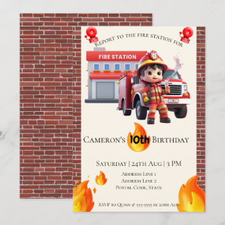 Cute Kawaii Fire Fighter Boy Birthday  Invitation
