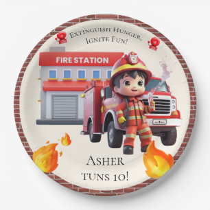 Cute Kawaii Firefighter Boy and Fire Truck Paper Plate