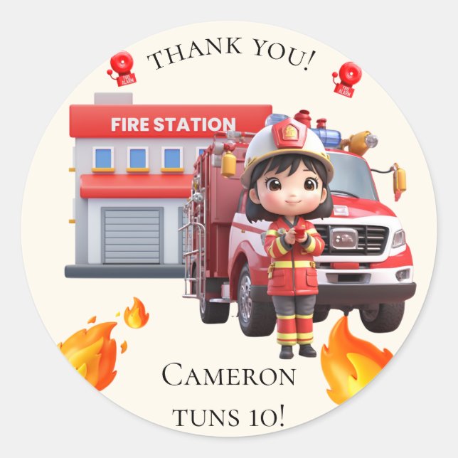 Cute Kawaii Firefighter Girl and Fire Truck Classic Round Sticker (Front)