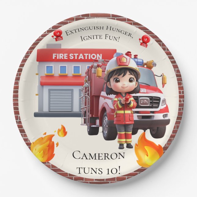 Cute Kawaii Firefighter Girl and Fire Truck Paper Plate (Front)