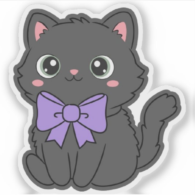 Cute Kawaii Fluffy Cat Large Purple Bow Vinyl  (Front)