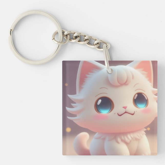 Cute Kawaii Fluffy White Cat Key Ring (Front)