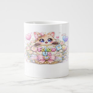 Cute Kawaii Follow Us Cat Pastel Pink Social Media Large Coffee Mug