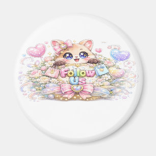 Cute Kawaii Follow Us Cat Pastel Pink Social Media Magnet