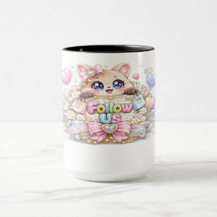Cute Kawaii Follow Us Cat Pastel Pink Social Media Mug