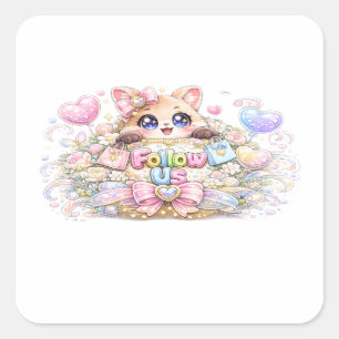 Cute Kawaii Follow Us Cat Pastel Pink Social Media Square Sticker