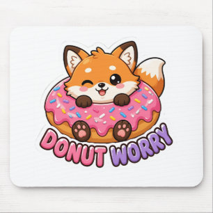 Cute Kawaii Fox Doughnut Worry Funny Food Pun Mouse Mat