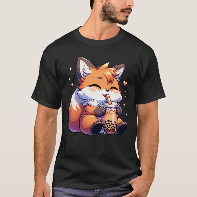 Cute Kawaii Fox Drink Bubble Tea Milk Tea Lover T-Shirt (Front)