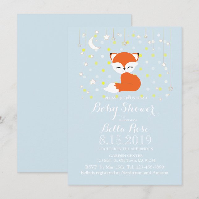 Cute Kawaii Fox Stars Woodland Theme Baby Shower Invitation (Front/Back)