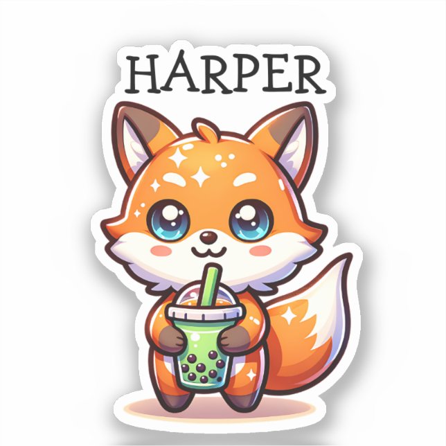 Cute Kawaii Fox with Bubble Tea Personalised (Front)