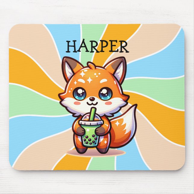 Cute Kawaii Fox with Bubble Tea Personalised Mouse Mat (Front)