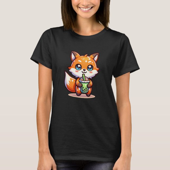 Cute Kawaii Fox with Bubble Tea Personalised T-Shirt (Front)