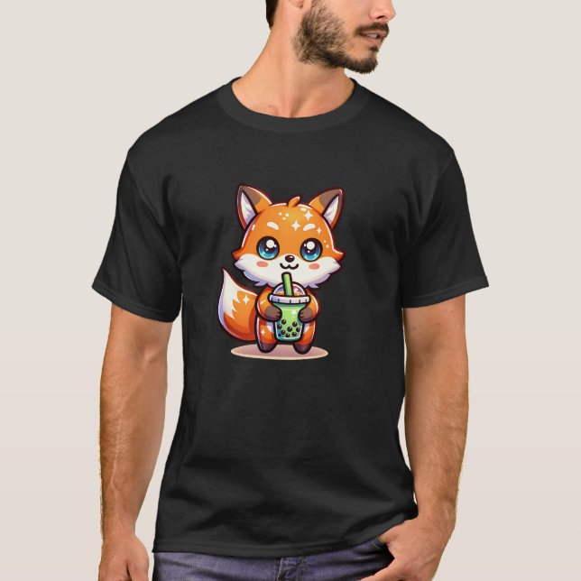 Cute Kawaii Fox with Bubble Tea Personalised T-Shirt (Front)