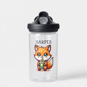 Cute Kawaii Fox with Bubble Tea Personalised Water Bottle