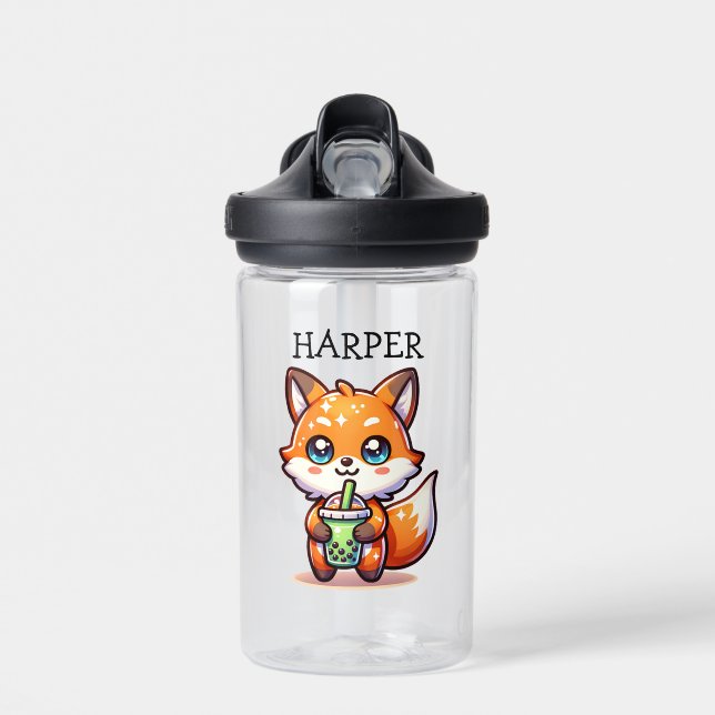 Cute Kawaii Fox with Bubble Tea Personalised Water Bottle (Front)