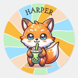 Cute Kawaii Fox with Bubble Tea Personalized Classic Round Sticker