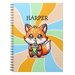 Cute Kawaii Fox with Bubble Tea Personalized Notebook