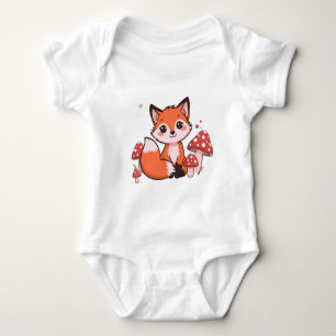 Cute Kawaii Fox with Mushrooms Cartoon Art Baby Bodysuit