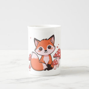 Cute Kawaii Fox with Mushrooms Cartoon Art Bone China Mug