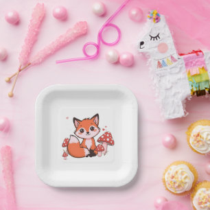 Cute Kawaii Fox with Mushrooms Cartoon Art Paper Plate