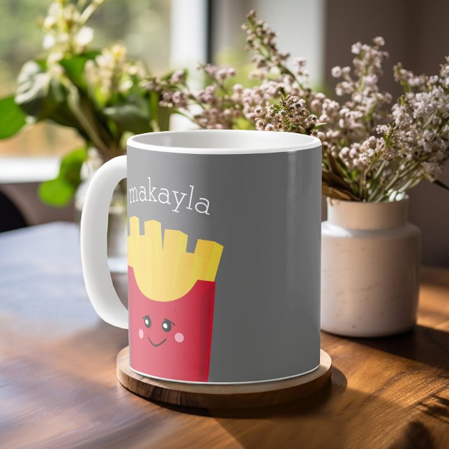 Cute Kawaii French Fries with Custom Name Coffee Mug (Mug template with a place for photos and custom text)