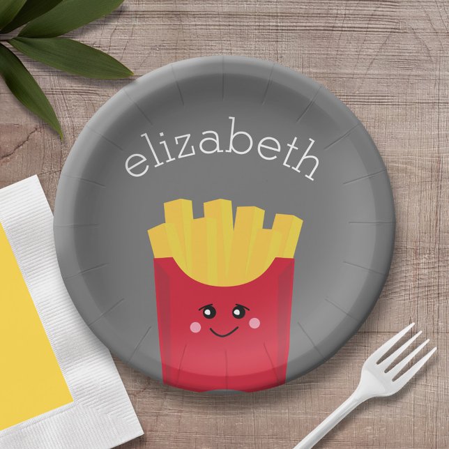 Cute Kawaii French Fries with Custom Name Paper Plate (Personalized party plate with area for name - french fries)