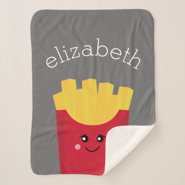 Cute Kawaii French Fries with Custom Name Sherpa Blanket (Front)