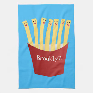 Cute kawaii fries fast food cartoon illustration tea towel