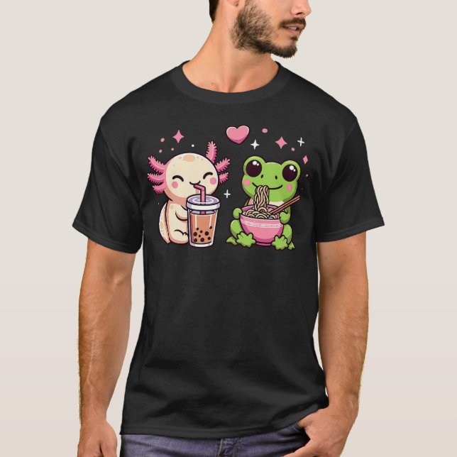 Cute Kawaii Frog and Axolotl Eating Ramen and Boba T-Shirt (Front)