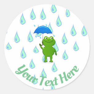 Cute Kawaii Frog and Rain Classic Round Sticker