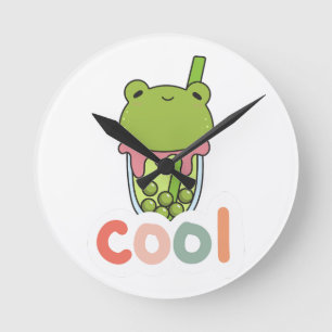 Cute Kawaii Frog Bubble Tea Cool Typography Vector Round Clock