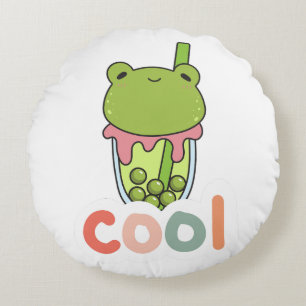 Cute Kawaii Frog Bubble Tea Cool Typography Vector Round Cushion