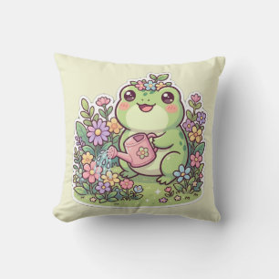 Cute Kawaii Frog Gardening Flower Crown Throw Cushion