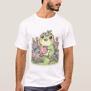 Cute Kawaii Frog Gardening Flowers T-Shirt