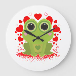 Cute Kawaii Frog Hearts XOXO Whimsical Love Art Large Clock
