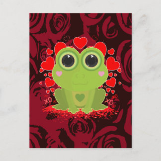 Cute Kawaii Frog With Hearts and Abstract Red Rose Postcard