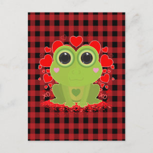 Cute Kawaii Frog With Hearts on Black Red Gingham Postcard