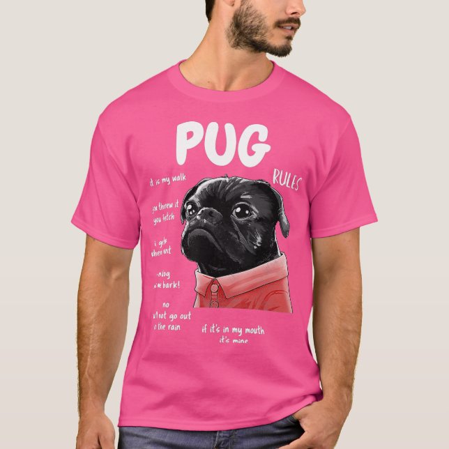 Cute Kawaii Funny Black Pug Dog Rules Gifts Men T-Shirt (Front)