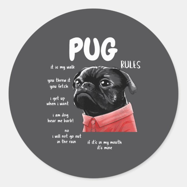 Cute Kawaii Funny Black Pug Dog Rules Men Women Ki Classic Round Sticker (Front)