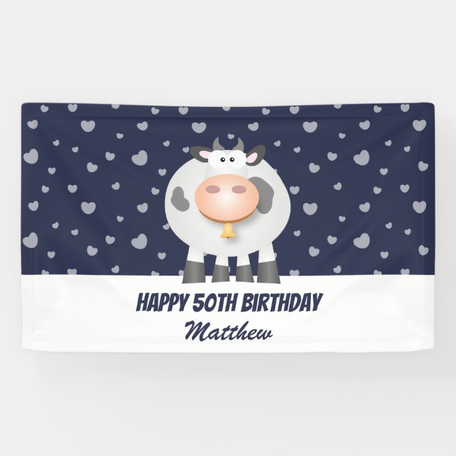 Cute Kawaii Funny Cartoon Cow Happy 50th Birthday Banner (Horizontal)